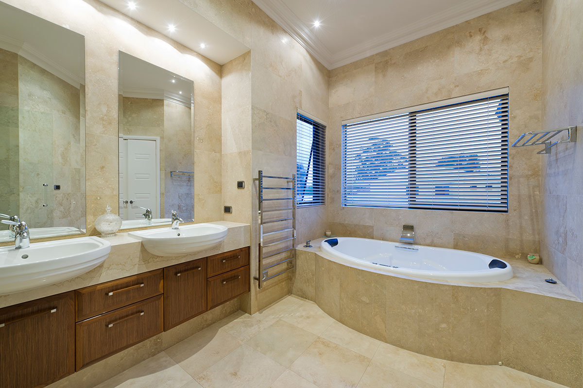 Stunning bathroom floor to ceiling tiles spa bath stylish double vanity Soth Perth 3 level home