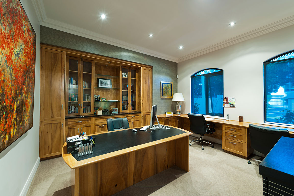 The difference in a prima home is its uniqueness and custom design shown in the wooden office furniture for south perth custom home